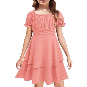 Arshiner Girls Dress  Puff Sleeve Ruffle Tiered Layer Party Dresses in Peach - S
